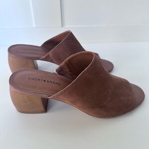 Lucky Brand Nicholia Brown Leather Mules Sandals Chunky Block Heel - Size 9 NWOT